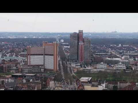 Aerial view of highrise buildings of Cologne Regional Court and Uni Center apartment building in a