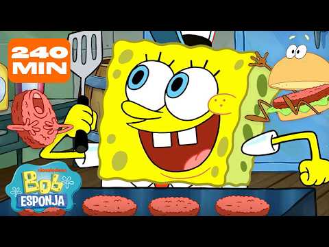 Bob Esponja | 4 HORAS de Bob Esponja cocinando en el Crustáceo Cascarudo 🍔 | Bob Esponja en Español