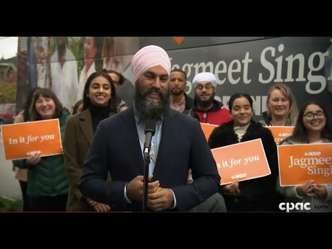Jagmeet Singh speaks with reporters after voting in advance polls in Burnaby, B.C.