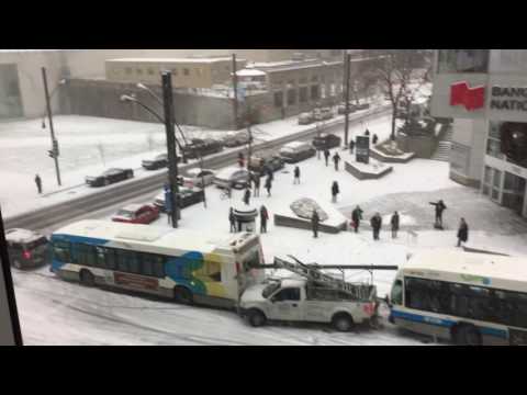 Crazy car pileup in Montreal. Bus Police and Snowplow!