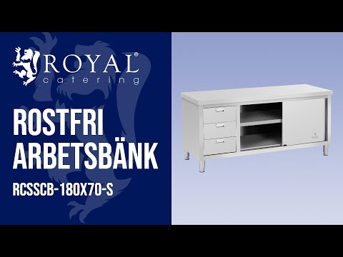 video - Rostfri arbetsbänk - 180 x 70 x 85 cm - Royal Catering - 600 kg lastkapacitet - 3 lådor