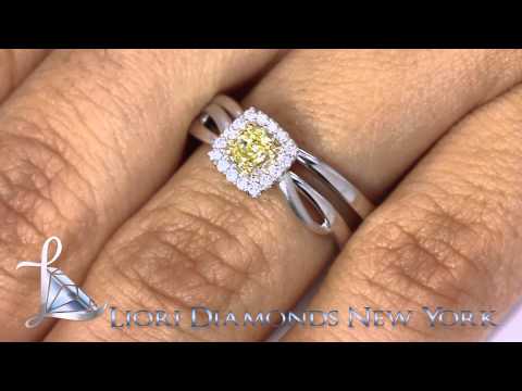 FD-098 - 0.39 Carat Fancy Yellow Cushion Cut Diamond Engagement Ring & Wedding Band Set