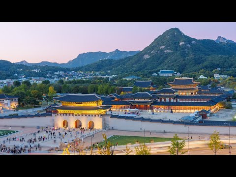 Bela vista do pôr do sol do Palácio Gyeongbokgung em Seul | Guia de viagem da Coreia 4K HDR