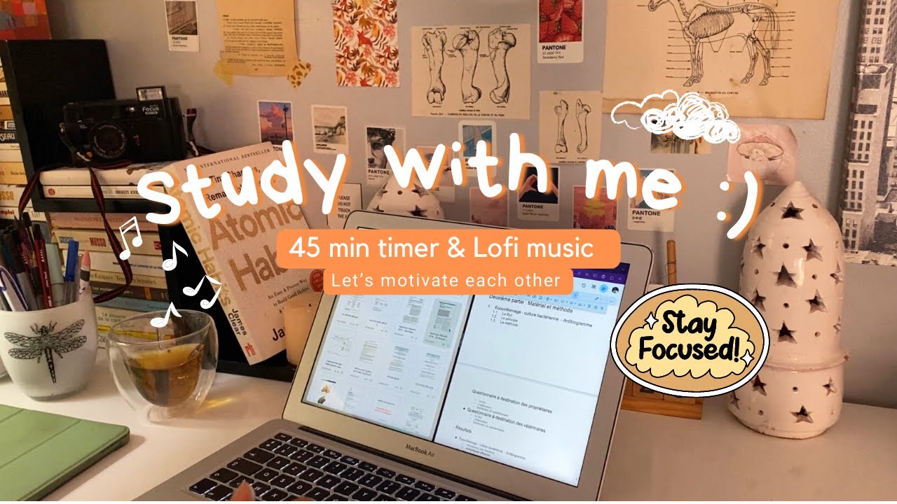 Study with me l 45 min cozy Lofi music light study session🎧 light academia desk motivation to study