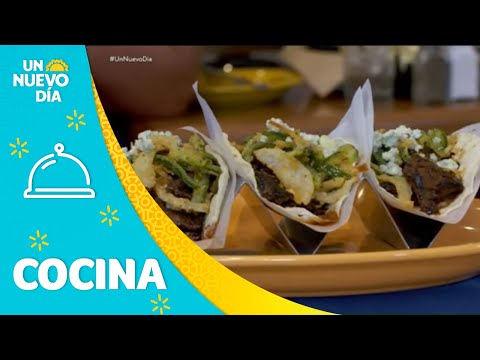 Receta: Tacos de carne asada con queso azul y jalapeños | Un Nuevo Día | Telemundo