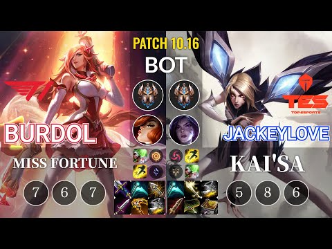 T1 Burdol Miss Fortune vs TES JackeyLove Kai'Sa Bot - KR Patch 10.16