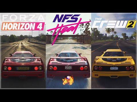 Need For Speed Heat vs Horizon 4 vs The Crew 2 | Ferrari F40 Sound & 4K Gameplay Comparison