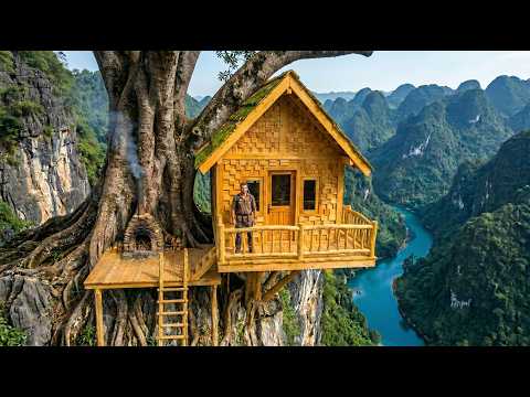 I spent 30 days building wooden House on the cliff.  Full video process, bushcraft survival