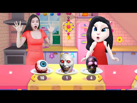 Cute Girl Imitating Angela Eating Horror Food - My Talking Angela 2 Real Life Part 55