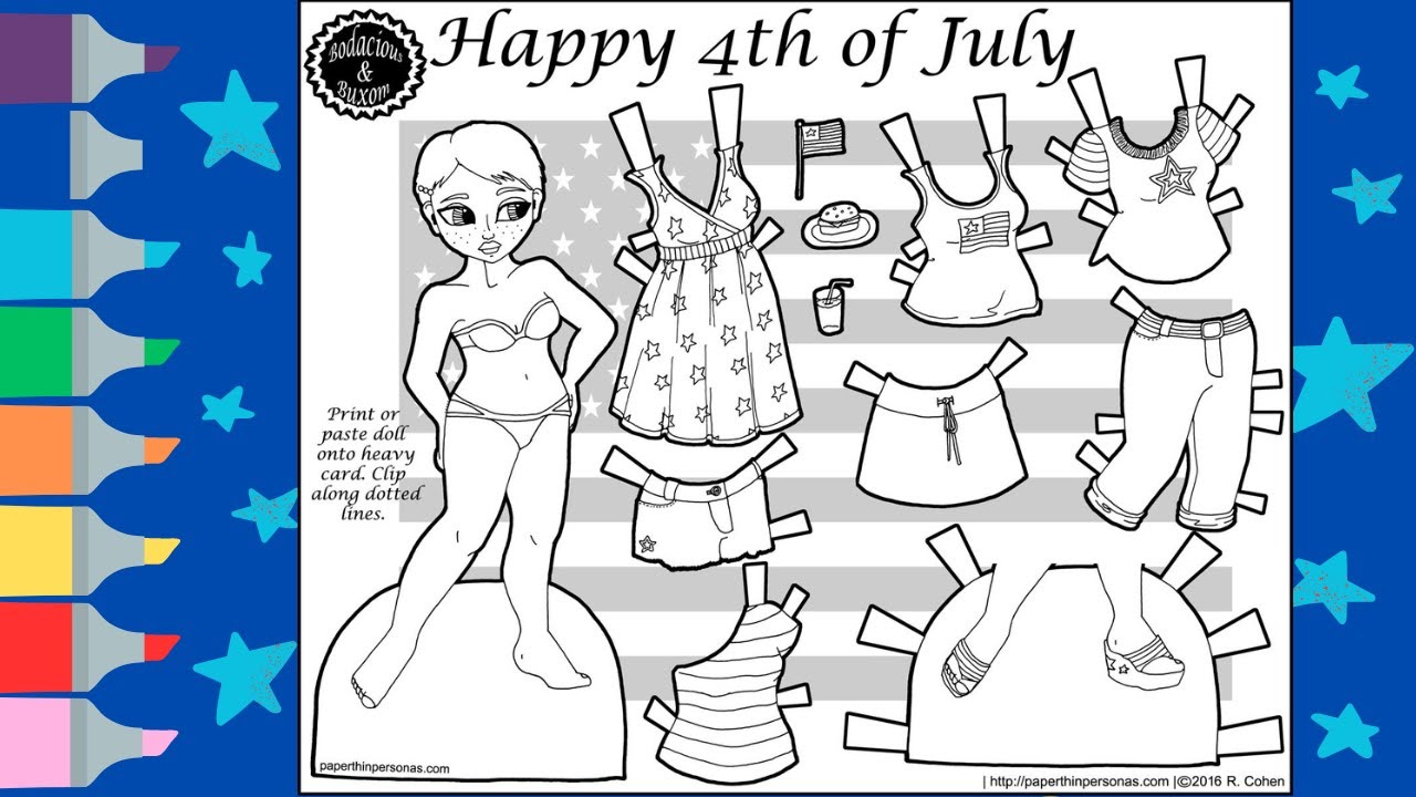 Fourth of July Paper Doll Coloring Page | July 4th Coloring Page | Paper Doll Coloring Craft