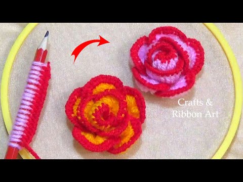 Amazing Trick with Pencil - Easy Woolen Rose Making Ideas - Hand Embroidery - DIY Woolen Flowers