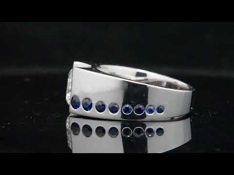 Men's Round Cut Diamond Tension Set with Bezel Diamond & Blue Sapphire Tapered Ring