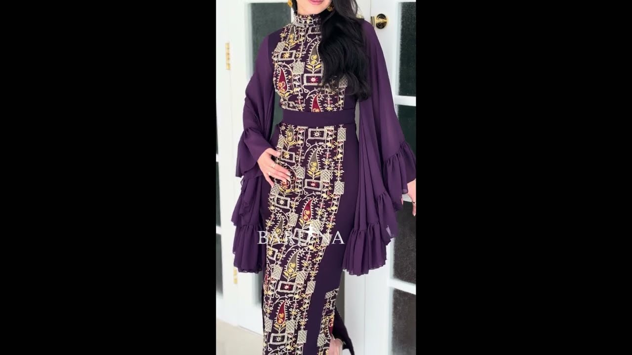 Purple embroidered jalabiya with wavy sleeves - S