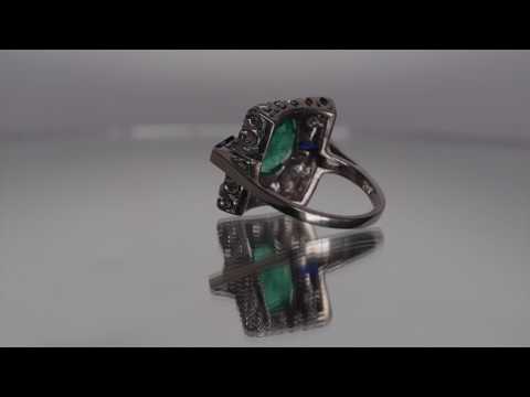 1930s Art Deco Antique Ring with Ornate Design ft. Columbian 2.81ct Emerald, Sapphire, and Diamonds