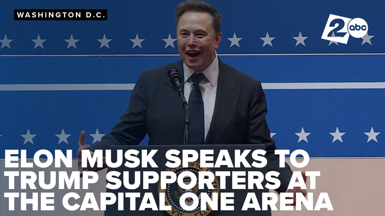 Elon Musk addresses the crowd ahead of President Trump's arrival at the Capital One Arena