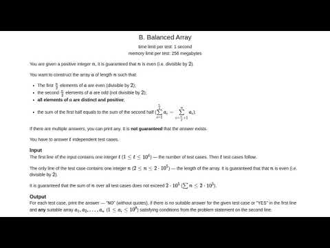 Balanced Array Made Easy Codeforces 1343b Python Solution Walkthrough