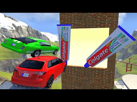 Crazy Vehicle High Speed Jumping through COLGATE Toothpaste Water Wall - BeamNG drive Jumps In Pool