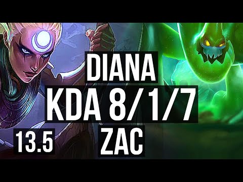 DIANA vs ZAC (JNG) | 8/1/7, 69% winrate, Godlike | KR Grandmaster | 13.5