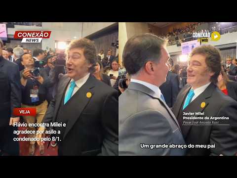 Vídeo: Flávio encontra Milei e agradece por asilo a condenado pelo 8/1.