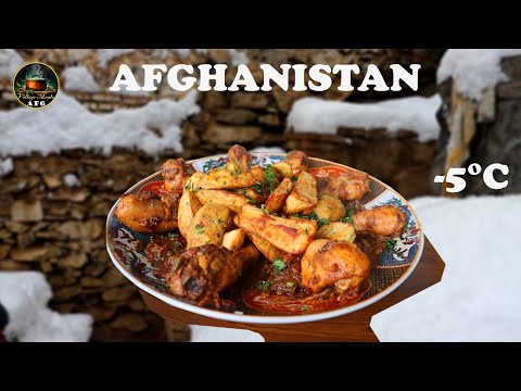 Snowfall in Village: Cooking Chicken with Vegetables in Cold Winter of Afghanistan