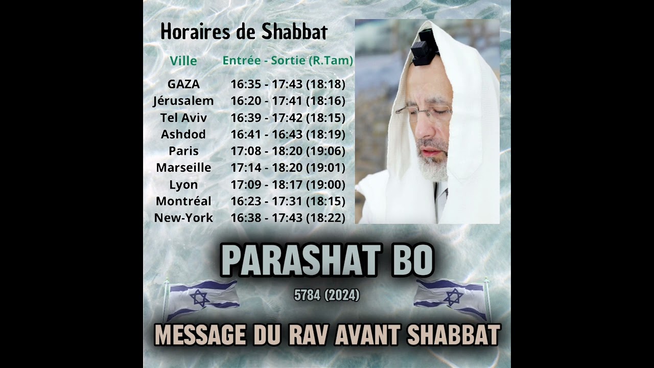 Parashat Bo 5784 (2024) ✨ Message du Rav avant Shabbat✨🤍Shabbat Shalom💙