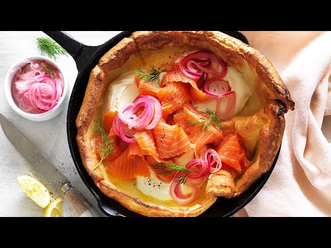 Savoury Dutch Baby Pancake with fast homemade pickled onion, smoked salmon, crème fraîche & dill