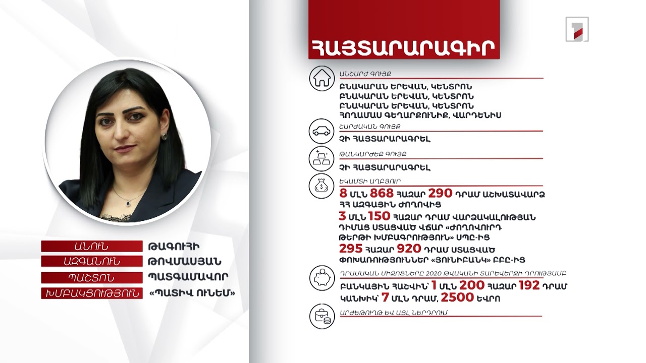 4 անշարժ գույք, ավելի քան 8 մլն դրամ, 2500 եվրո. Թագուհի Թովմասյանի ունեցվածքը