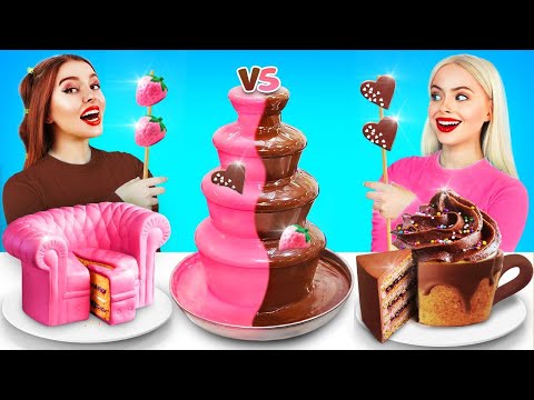 Chocolate Fountain Fondue Challenge | Eating Expensive vs Cheap Food 24 Hours by RATATA POWER