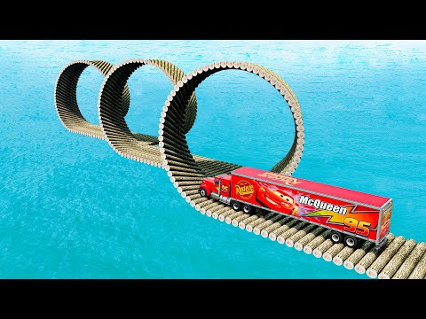 Mack Truck vs Impossible Log Triple Loop Bridge - Crossing Cars Vs Deep Water - BeamNG.Drive