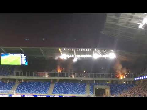 Spartak Trnava Ultras at Bratislava stadium for Derby of Slovakia. Pyro show