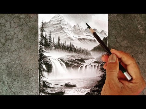 How to draw waterfalls landscape scenery with pencil step by step.