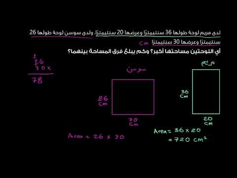 الصف الرابع الرياضيات  القياس والبيانات مسألة حسابية حول المساحة والمحيط مقارنة مساحات المستطيلات