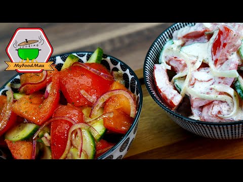 Tomato salad with onions and cucumber / Oil - vinegar and sour cream recipe fresh summer salad