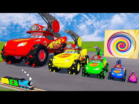 Big & Small McQueen Fire Truck Monster Truck vs Monster Truck Wheels vs Thomas Train | BeamNG.Drive