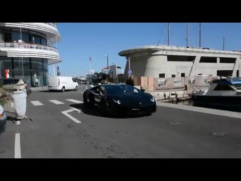 Lamborghini Aventador cruising in harbour of Monaco