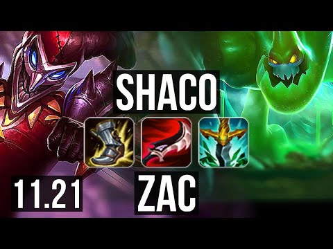 SHACO vs ZAC (JNG) | 2.9M mastery, 6 solo kills, 1100+ games, 15/3/4 | KR Diamond | 11.21