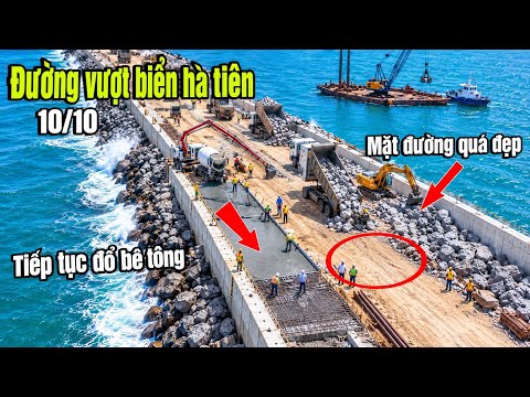 ĐƯỜNG VƯỢT BIỂN HÀ TIÊN XE CHỞ ĐÁ TẢNG, KÈ BÊ TÔNG 2M5 ĐANG GẤP RÚT THI CÔNG