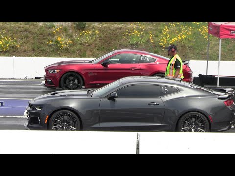 Mustang GT vs ZL1 Camaro and Hellcat Challenger - drag racing