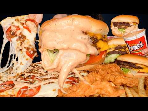 ASMR MUKBANG EXTRA CANES SAUCE IN-N-OUT ANIMAL STYLE BURGERS PIZZA CHICKEN & FRIES | WITH CHEESE