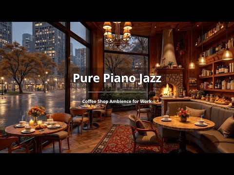 (NO ADS) Soft Fall Jazz in Rainy Coffee Shop Ambience 🍂 Smooth Piano Jazz & Crackling Fireplace