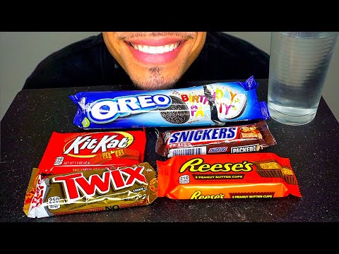 ASMR OREO SNICKERS TWIX REESE'S KIT KAT BIRTHDAY PARTY CHOCOLATE COOKIES BARS EATING SOUNDS JERRY CA