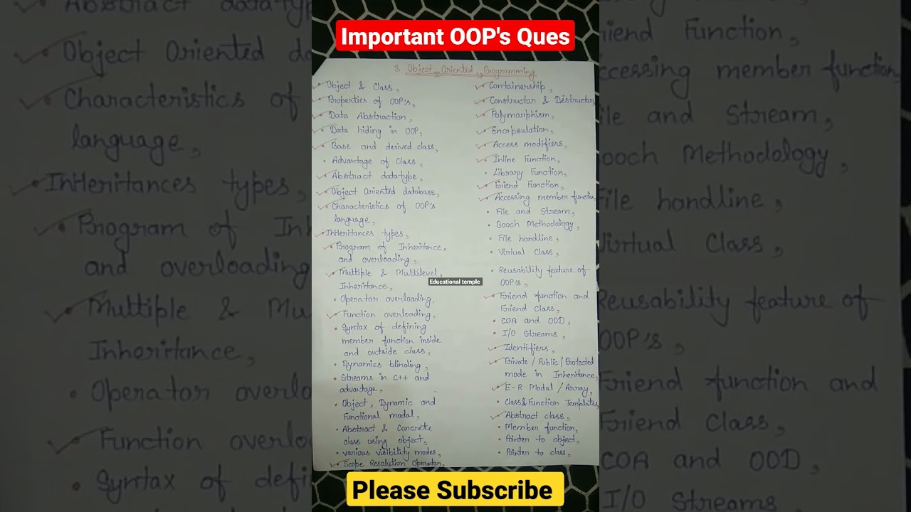 Object Oriented Programming Important questions part 1#ddu#computerscience #shorts