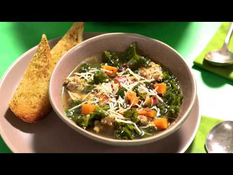 Chicken Sausage & Sweet Potato Soup with Herb Butter Toast Points