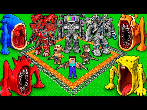SURVIVAL BASE of SEA EATER MONSTERS vs TITAN BOSSES and UPGRADED TV MAN in MINECRAFT animation