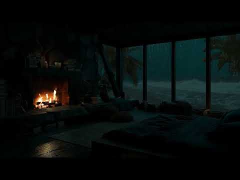 Seaside Thunderstorm (No Ads)⛈️Heavy Rain, Crackling Fire & Ocean Waves for Deep Sleep & Relaxation