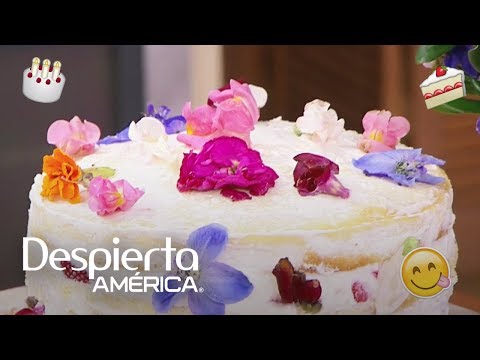 Tres leches cake recipe with strawberries and edible flowers