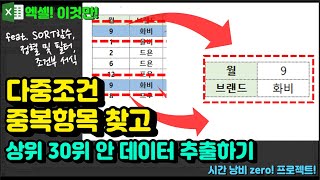 엑셀 이것만! 다중조건 중복항목 찾고, 상위 30위 안 데이터 추출하기 (feat. SORT함수, 정렬 및 필터, 조건부 서식)