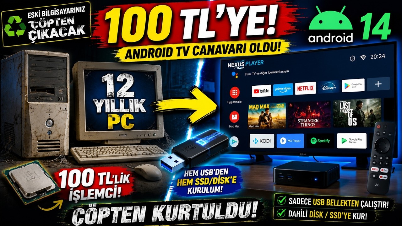 100 TL’LİK CPU'LU PC’Yİ ANDROID TV YAPTIM! HEM SSD HEM DE USB'DE ÇALIŞIYOR
