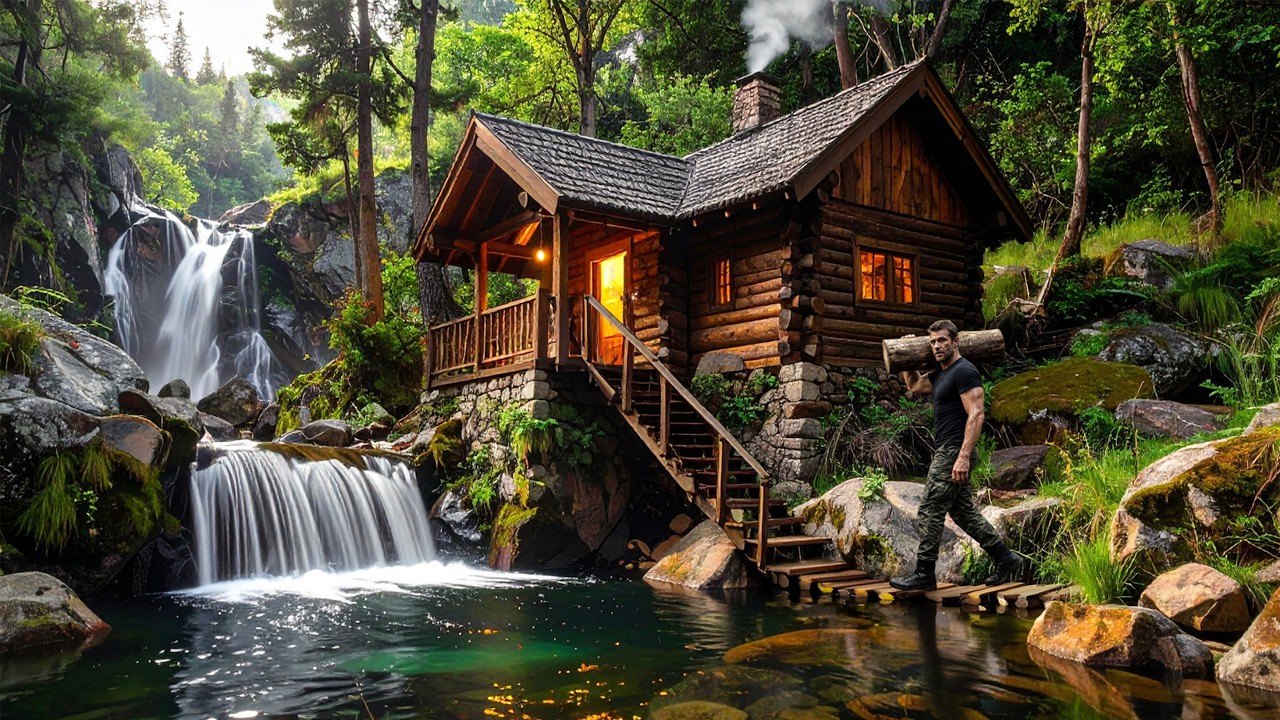 Build a Cozy Wooden House Beneath a Hidden Waterfall in the Deep Forest | Bushcraft Survival