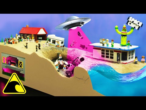 UFO Crash - Lego Tsunami Dam Breach Experiment - Wave Machine VS Aliens